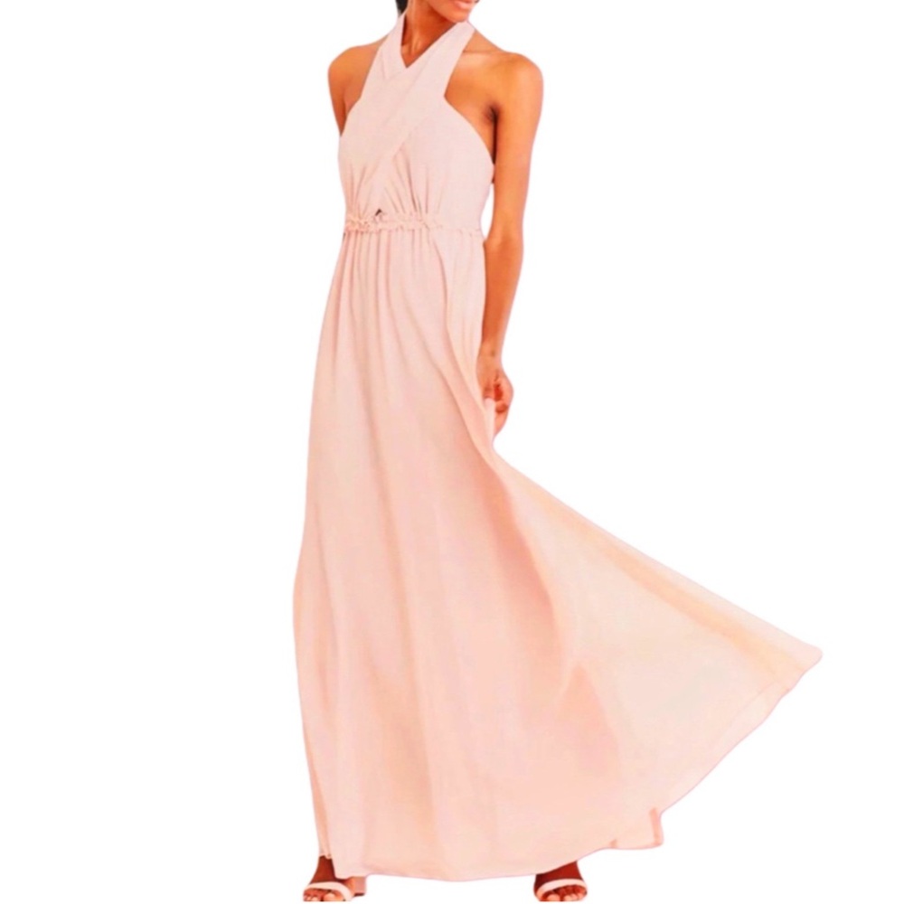Lulus Pink Blush Criss Cross Halter Neck Empire Waist Long Formal Gown Dress L